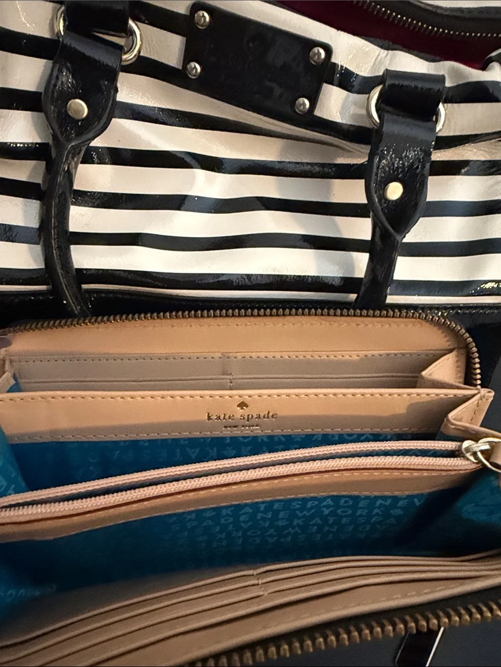 kate spade Black & White Striped Satchel with Matching Zip Wallet